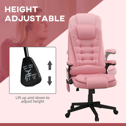 Fauteuil de bureau inclinable pivotant à 360° en cuir PU rose avec dossier haut, massage par vibration, chauffage lombaire et hauteur réglable