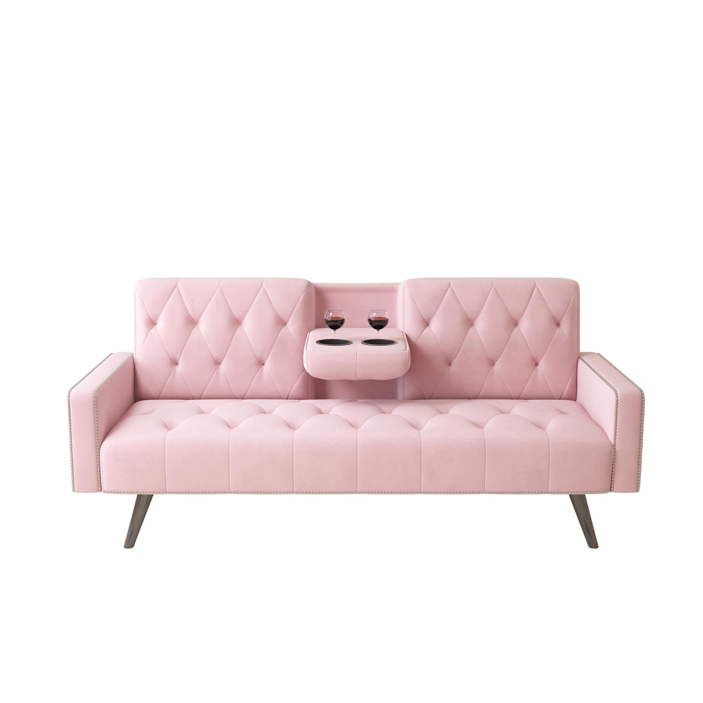 Canapé-lit 3 places en velours rose avec tête de clou et porte-gobelets