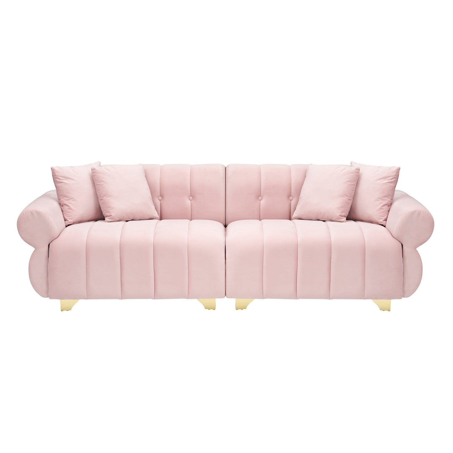 Canapé 3 places en velours rose avec coussins à ressorts