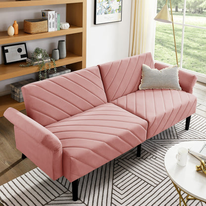 Canapé-lit futon convertible capitonné en velours rose