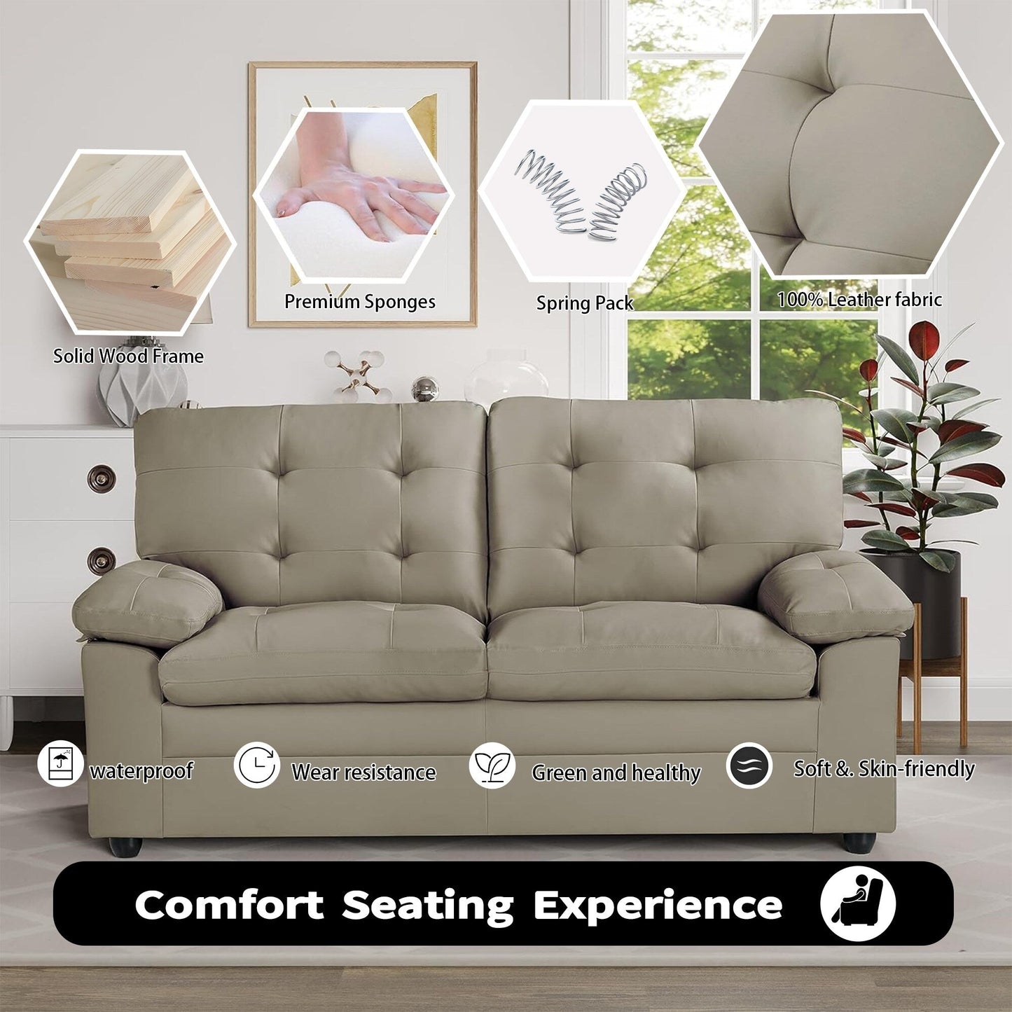 Causeuse rembourrée en peluche avec similicuir, dossier capitonné et accoudoirs rembourrés - Siège confortable pour le salon ou la salle familiale.