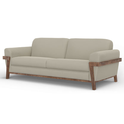 Canapé Pola, polyester gris amande, coussins en mousse, pin massif, 240 cm