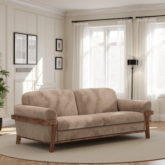 Canapé Pola, polyester marron clair, coussins en mousse, pin massif, 240 cm