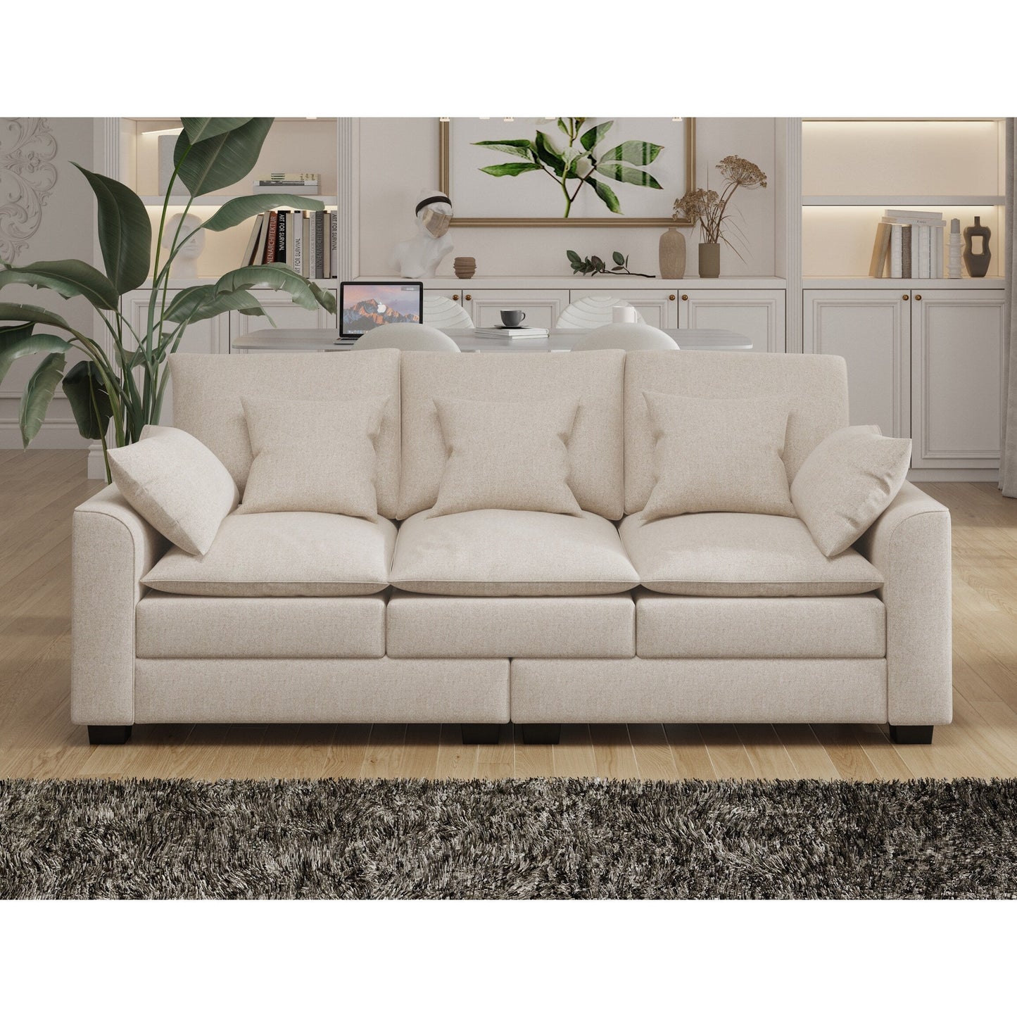 Canapé 3 places en polyester avec coussins et pieds en bois