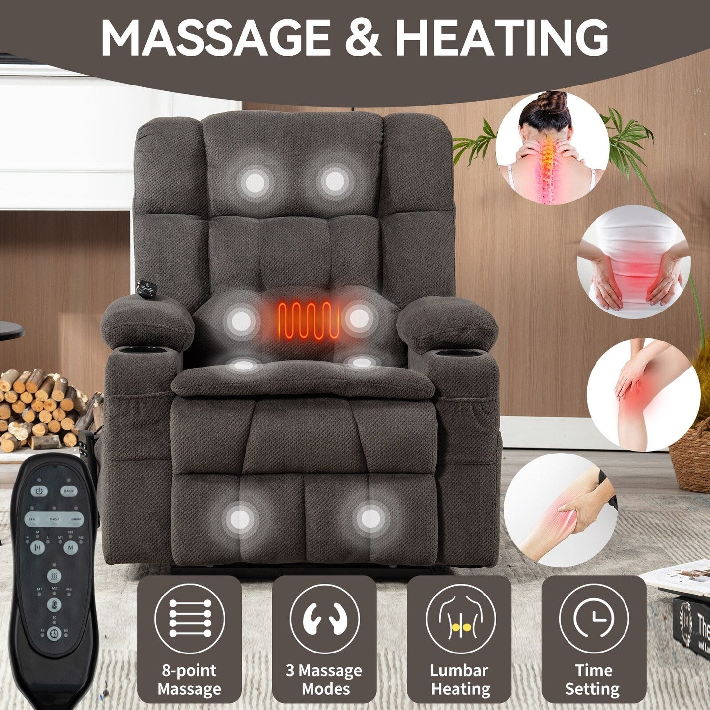Fauteuil inclinable en polyester à deux moteurs avec massage, chauffage lombaire, porte-gobelets et poches latérales