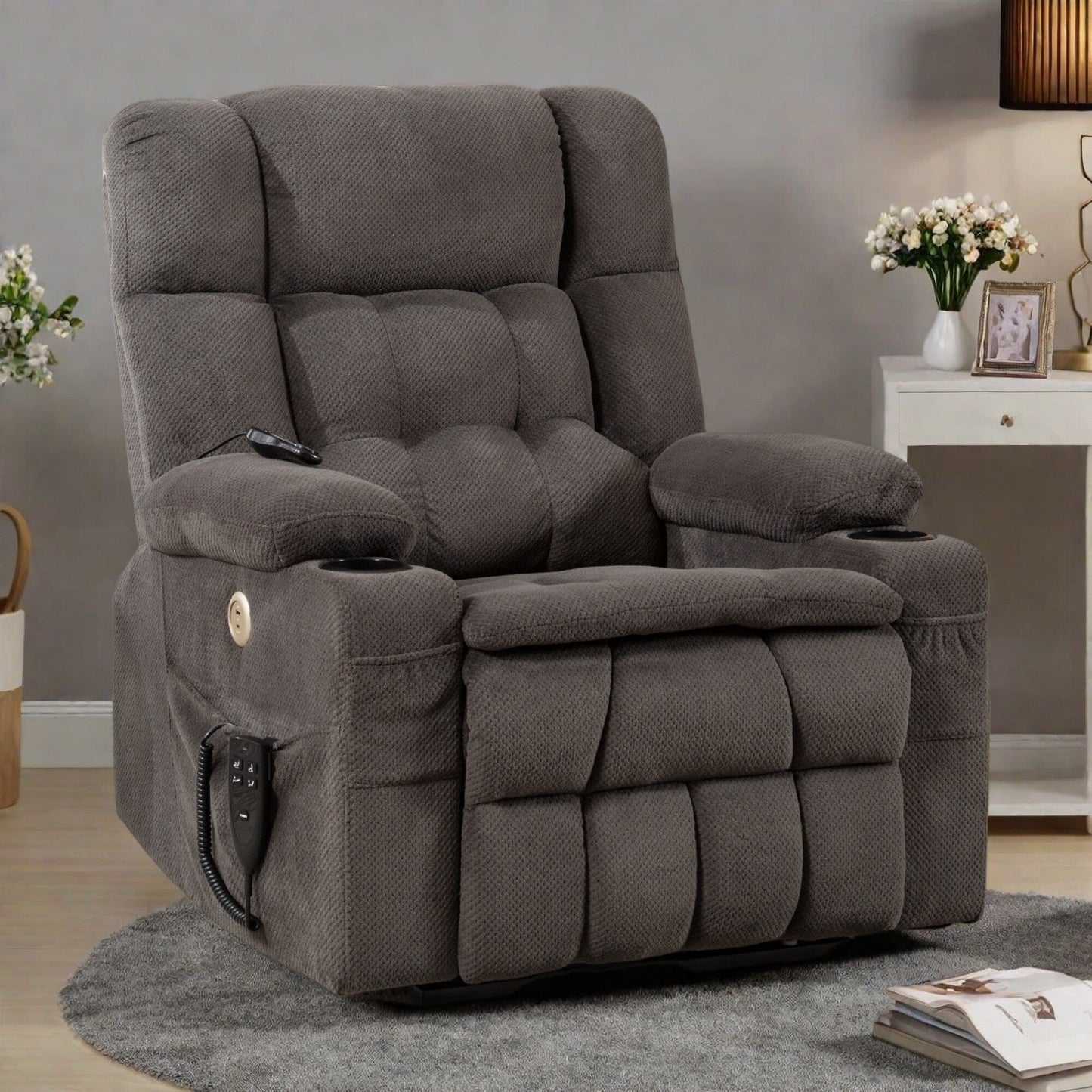 Fauteuil inclinable en polyester à deux moteurs avec massage, chauffage lombaire, porte-gobelets et poches latérales