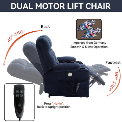 Fauteuil inclinable en polyester à deux moteurs avec massage, chauffage lombaire, porte-gobelets et poches latérales