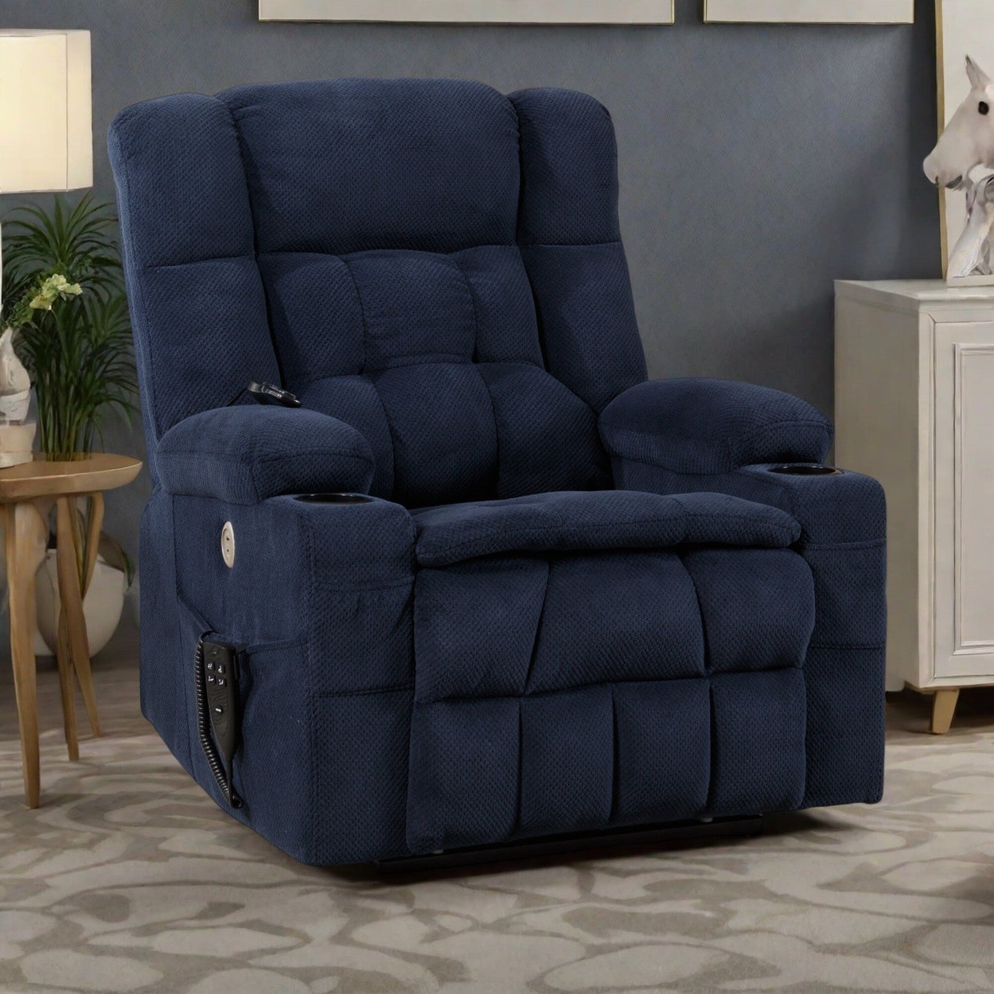 Fauteuil inclinable en polyester à deux moteurs avec massage, chauffage lombaire, porte-gobelets et poches latérales