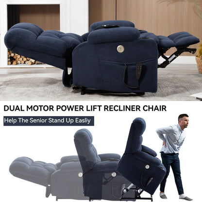 Fauteuil inclinable en polyester à deux moteurs avec massage, chauffage lombaire, porte-gobelets et poches latérales