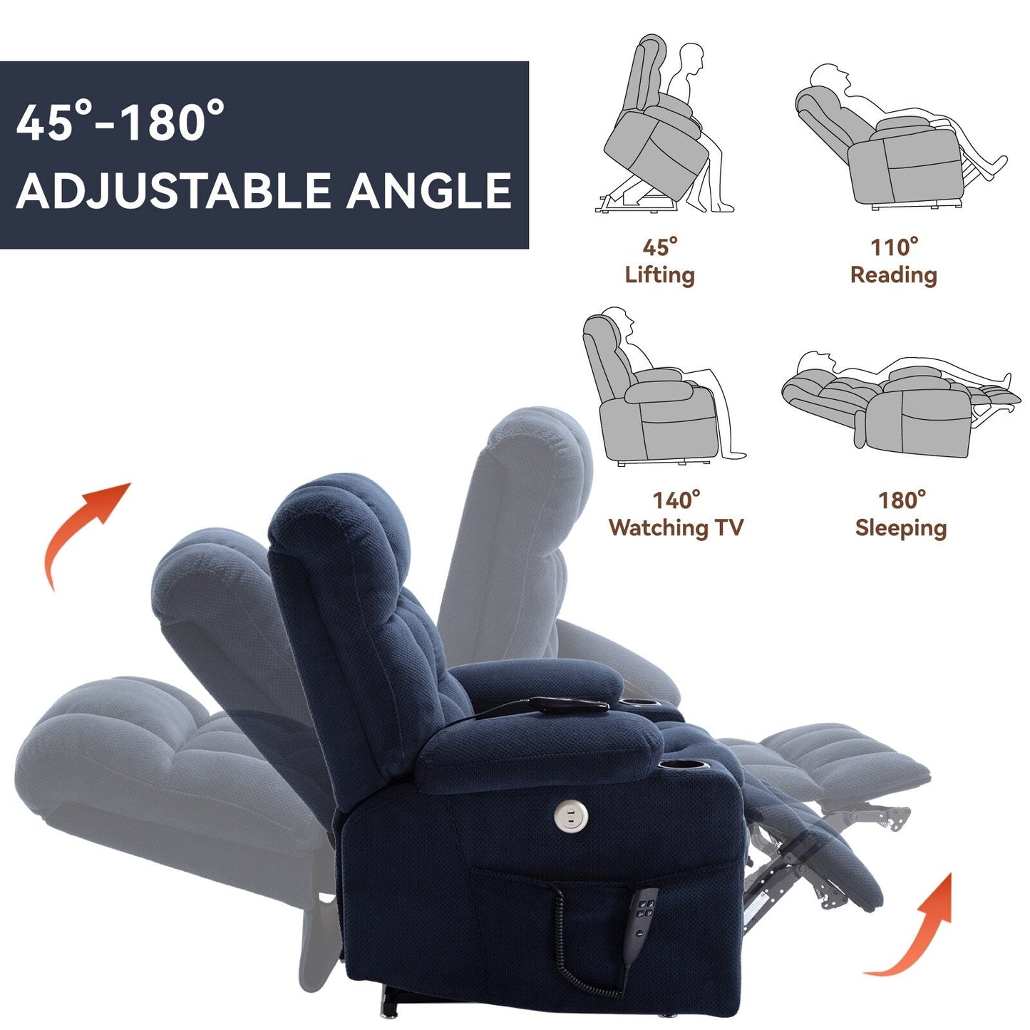 Fauteuil inclinable en polyester à deux moteurs avec massage, chauffage lombaire, porte-gobelets et poches latérales
