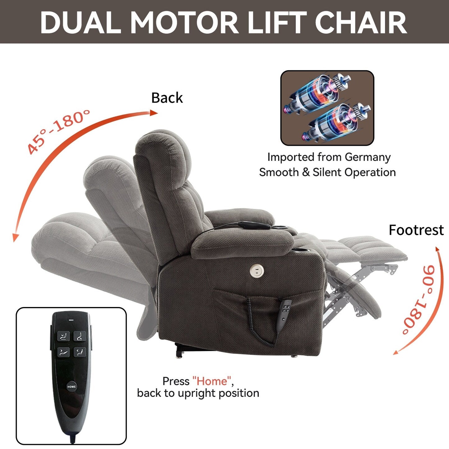 Fauteuil inclinable en polyester à double moteur avec massage, chauffage et porte-gobelets