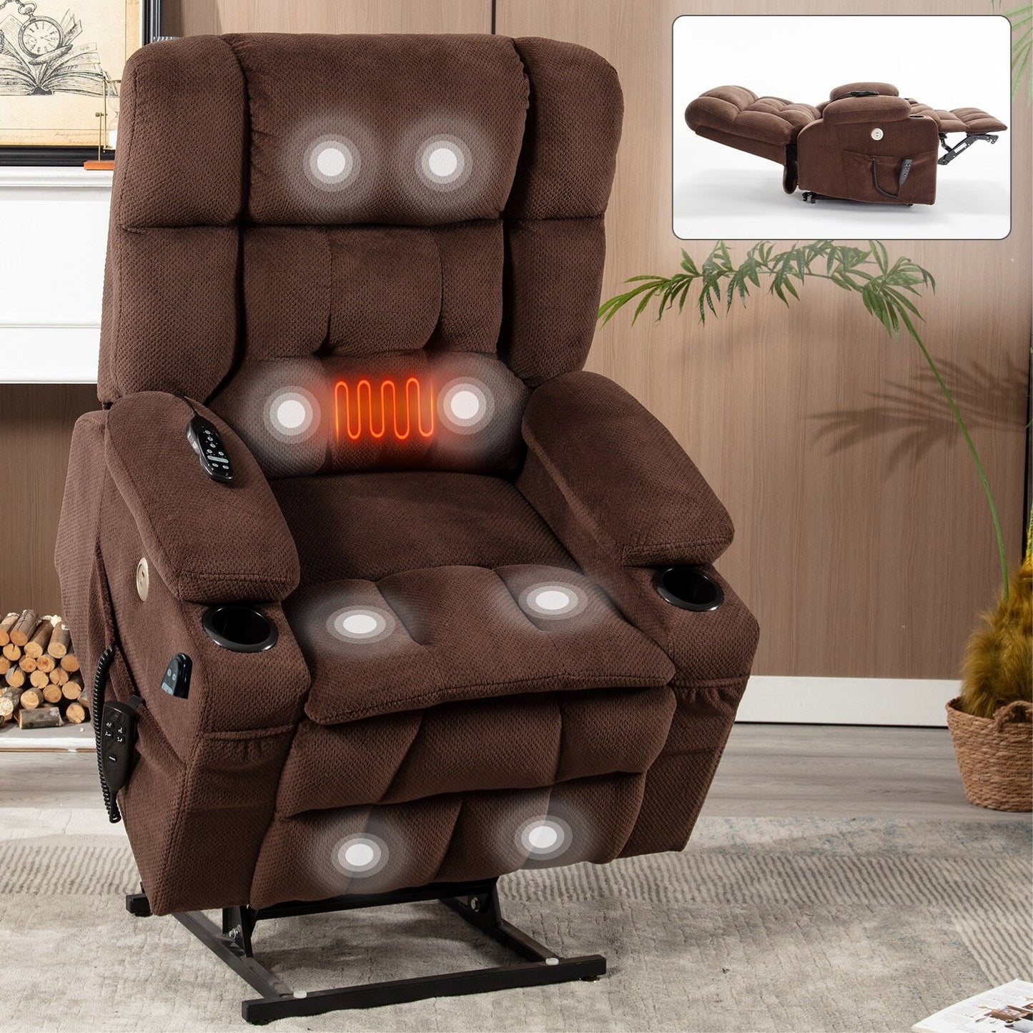 Fauteuil inclinable en polyester à double moteur avec massage, chauffage et porte-gobelets