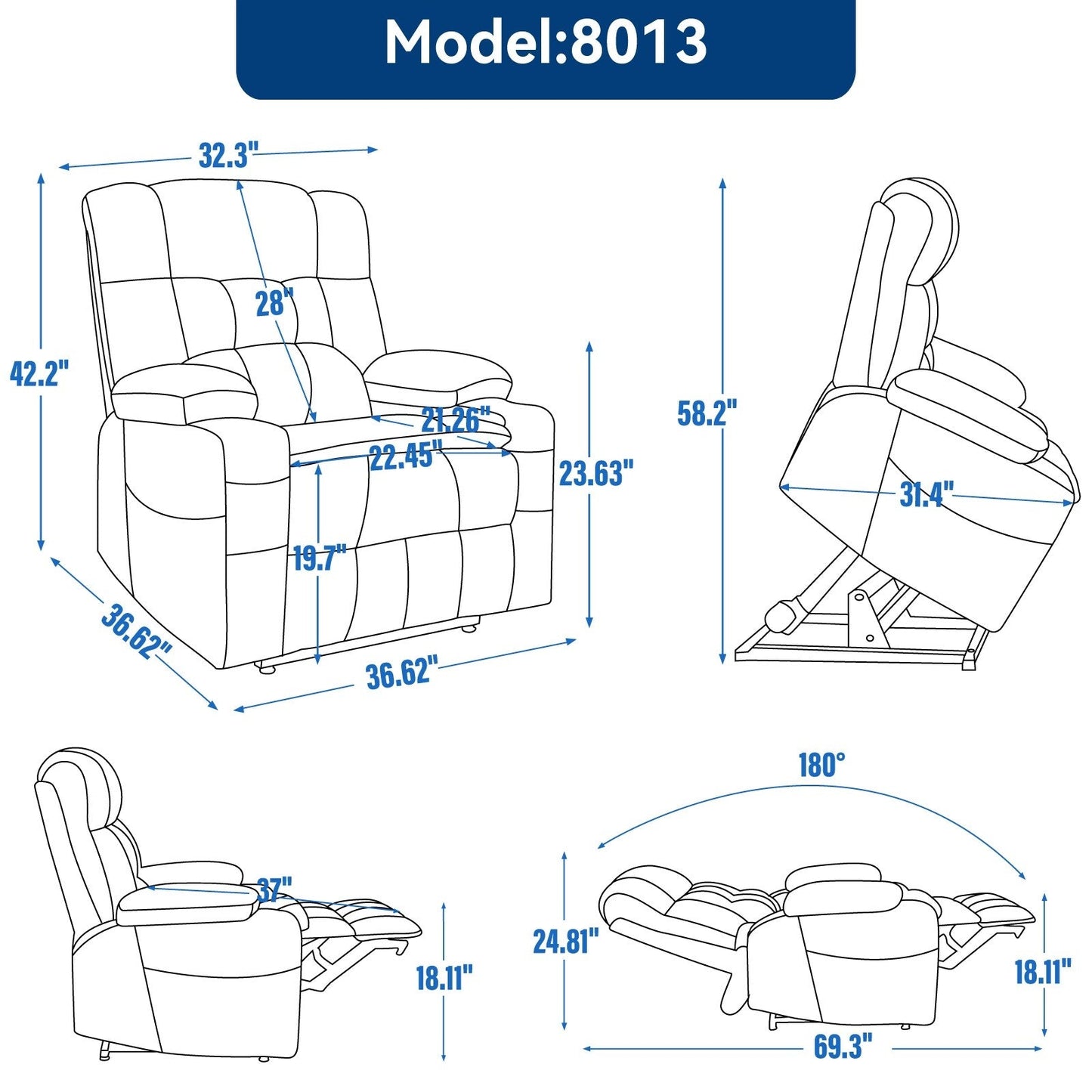 Fauteuil inclinable en polyester à double moteur avec massage, chauffage et porte-gobelets
