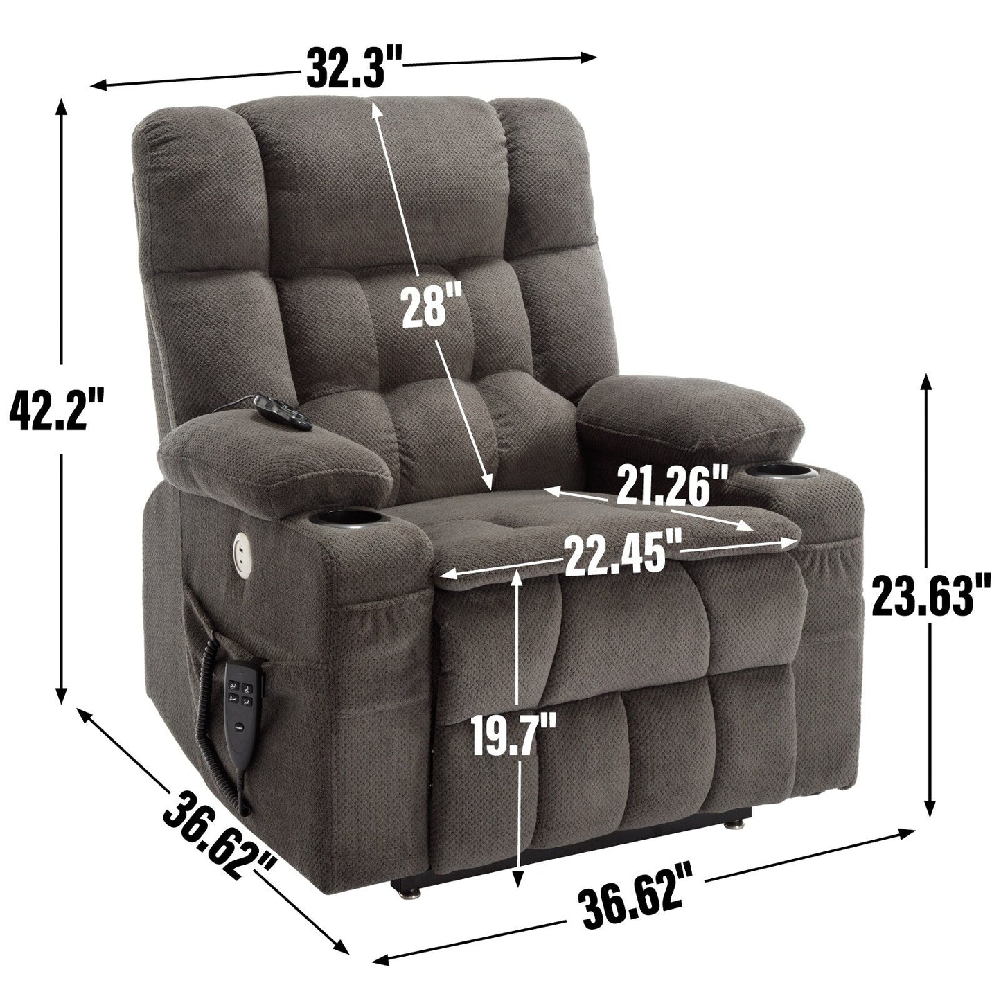 Fauteuil inclinable en polyester à double moteur avec massage, chauffage et porte-gobelets