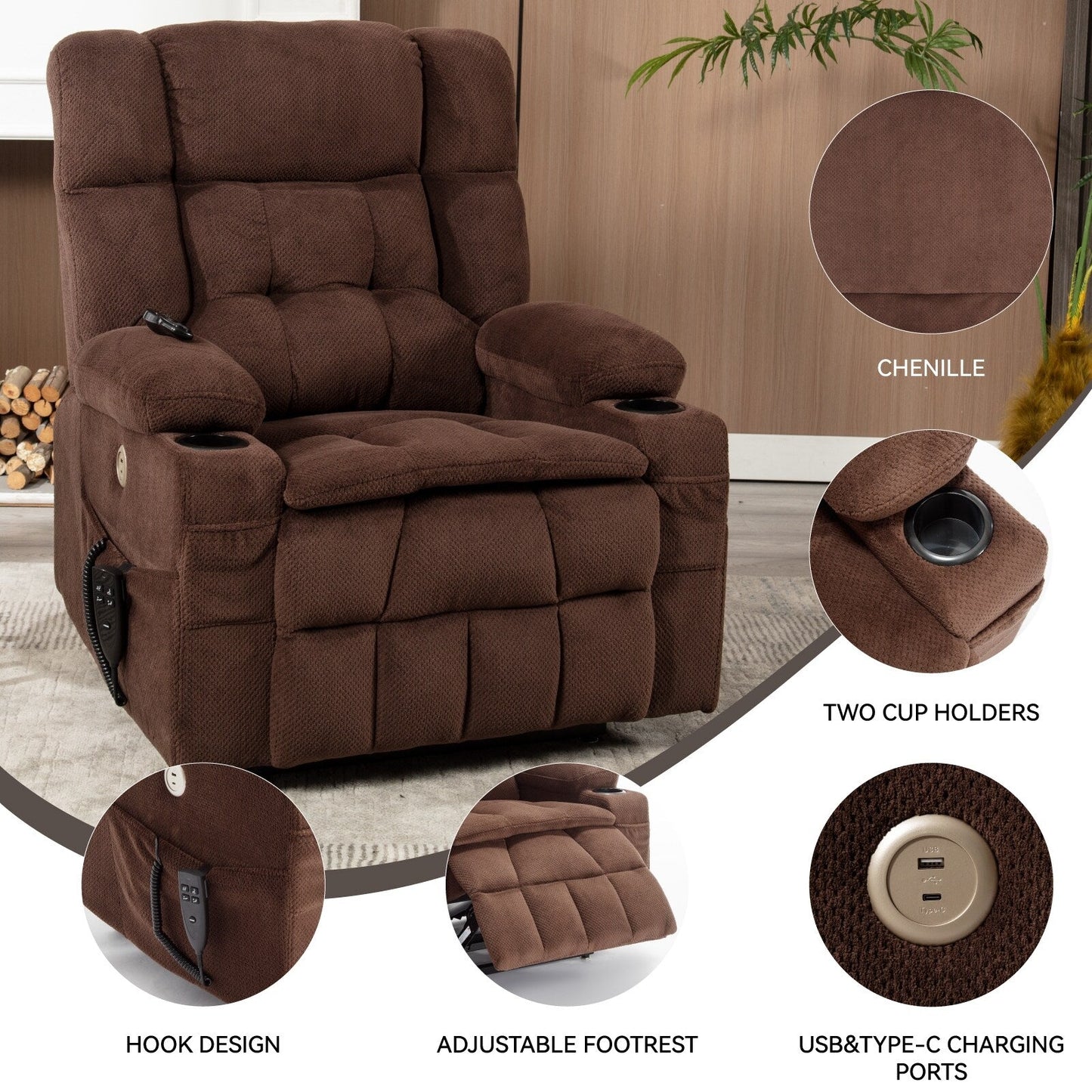 Fauteuil inclinable en polyester à double moteur avec massage, chauffage et porte-gobelets