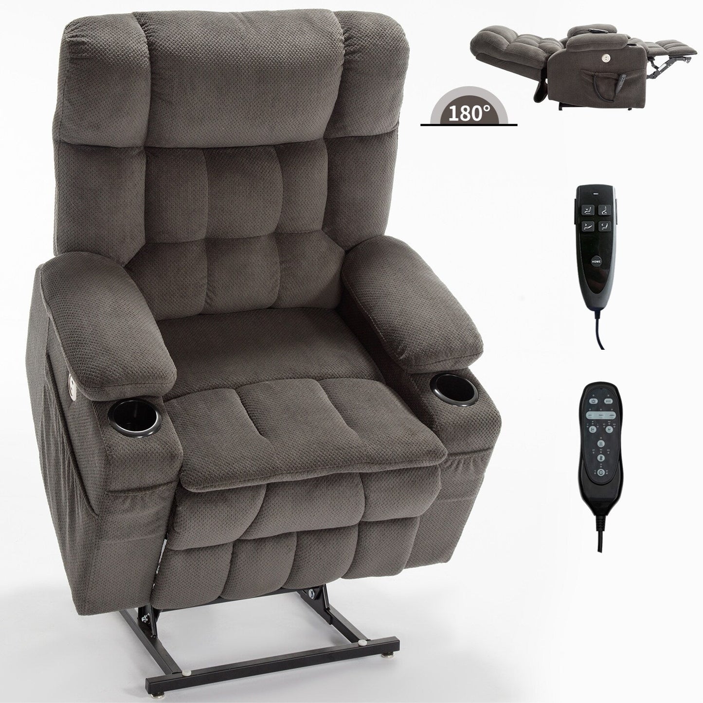 Fauteuil inclinable en polyester à double moteur avec massage, chauffage et porte-gobelets