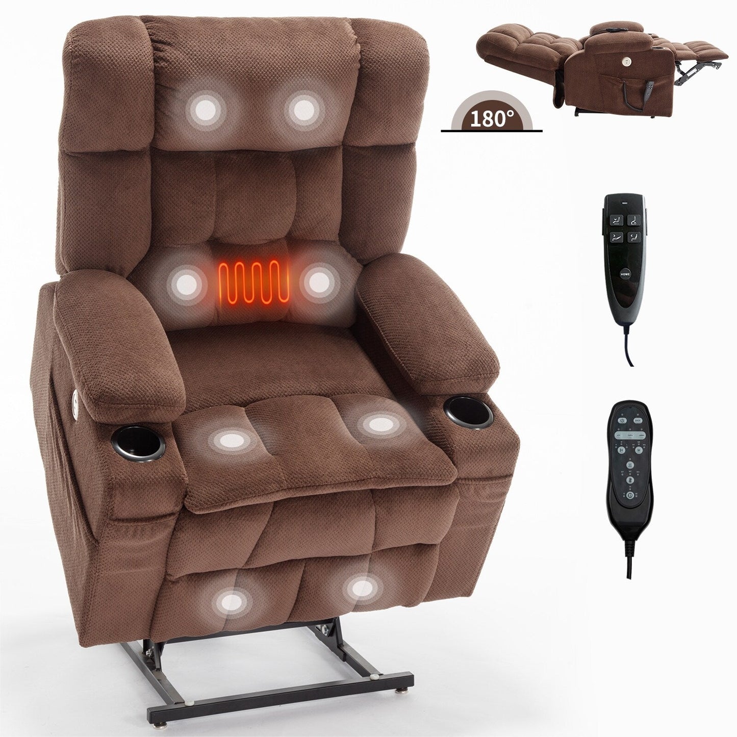 Fauteuil inclinable en polyester à double moteur avec massage, chauffage et porte-gobelets