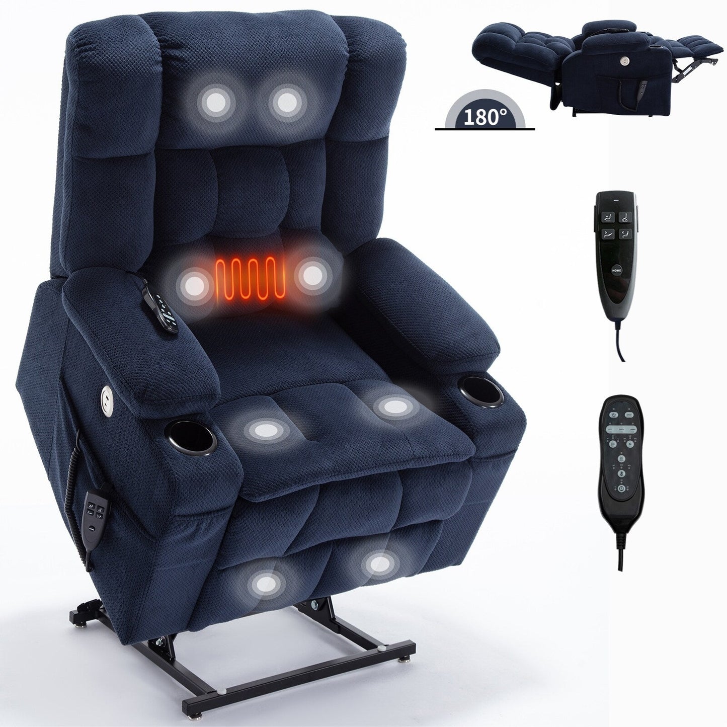 Fauteuil inclinable en polyester à double moteur avec massage, chauffage et porte-gobelets