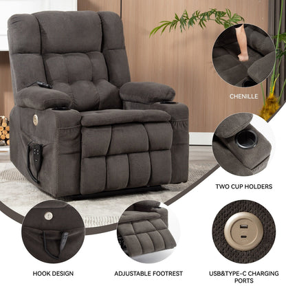 Fauteuil inclinable en polyester à double moteur avec massage, chauffage et porte-gobelets