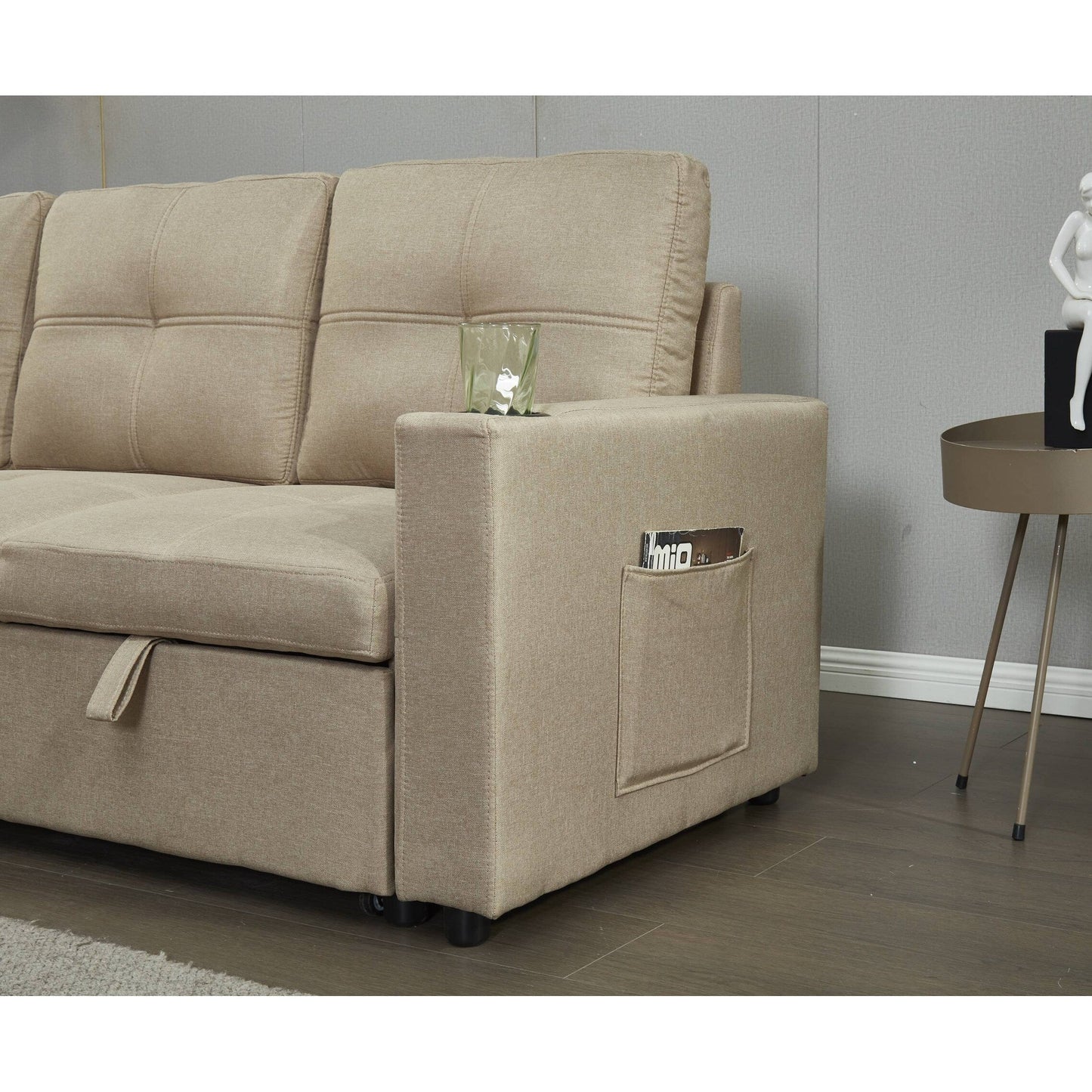 Canapé sectionnel en lin, chaise longue réversible avec lit gigogne