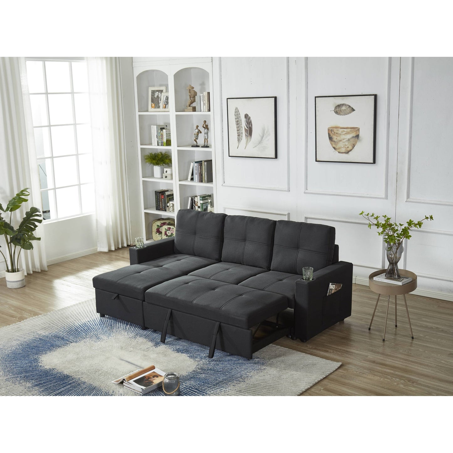 Canapé sectionnel en lin, chaise longue réversible avec lit gigogne