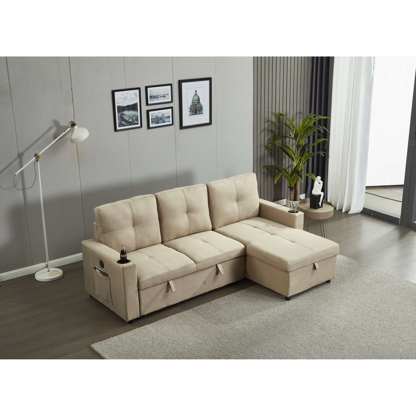 Canapé sectionnel en lin, chaise longue réversible avec lit gigogne