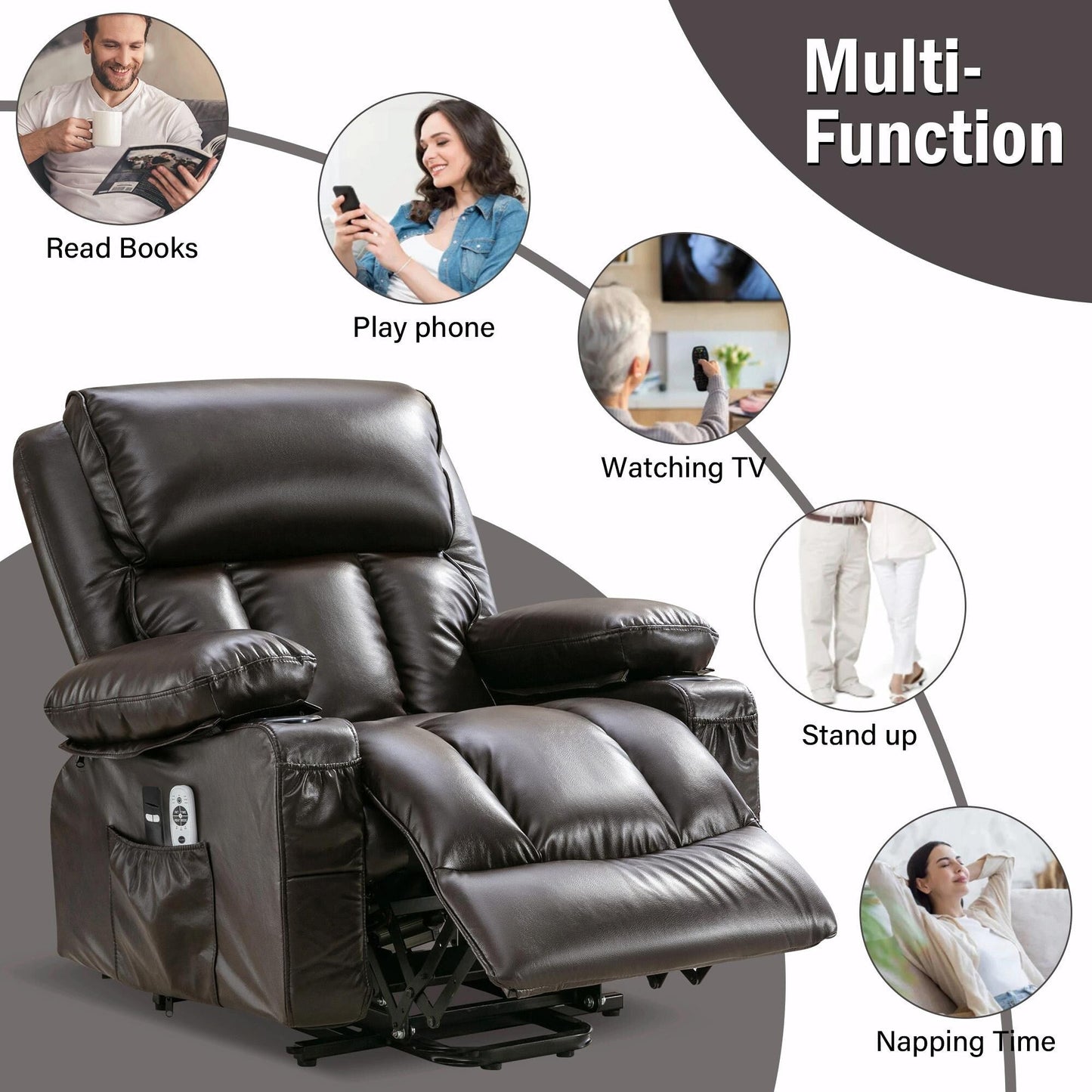 Fauteuil de massage électrique avec fonctions chauffantes et vibrantes, cuir polaire et port USB