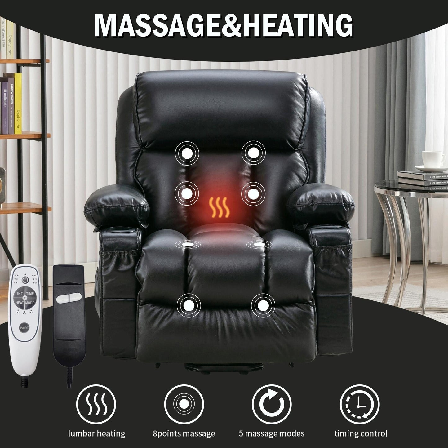 Fauteuil de massage électrique avec fonctions chauffantes et vibrantes, cuir polaire et port USB