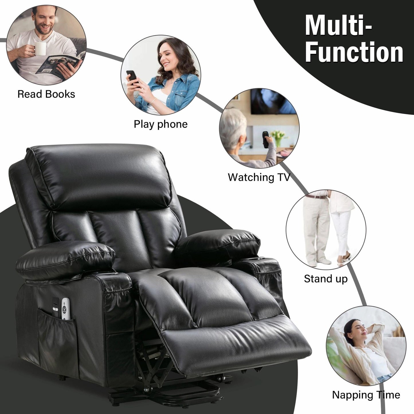 Fauteuil de massage électrique avec fonctions chauffantes et vibrantes, cuir polaire et port USB