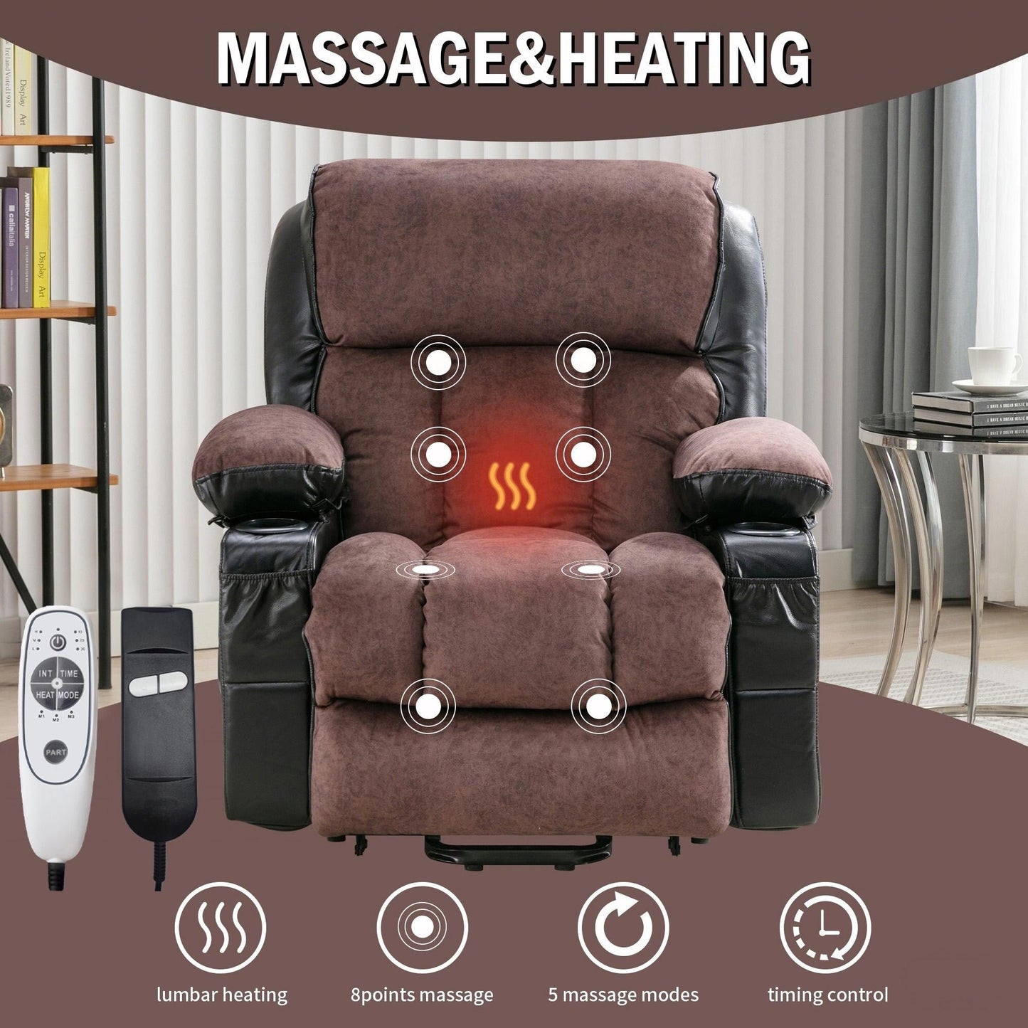 Fauteuil de massage électrique avec fonctions chauffantes et vibrantes, cuir polaire et port USB
