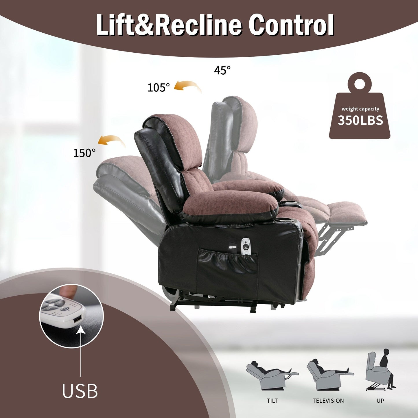 Fauteuil de massage électrique releveur pour personnes âgées, chauffant et vibrant, cuir polaire et port USB.