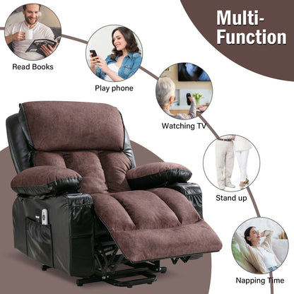 Fauteuil de massage électrique releveur pour personnes âgées, chauffant et vibrant, cuir polaire et port USB.