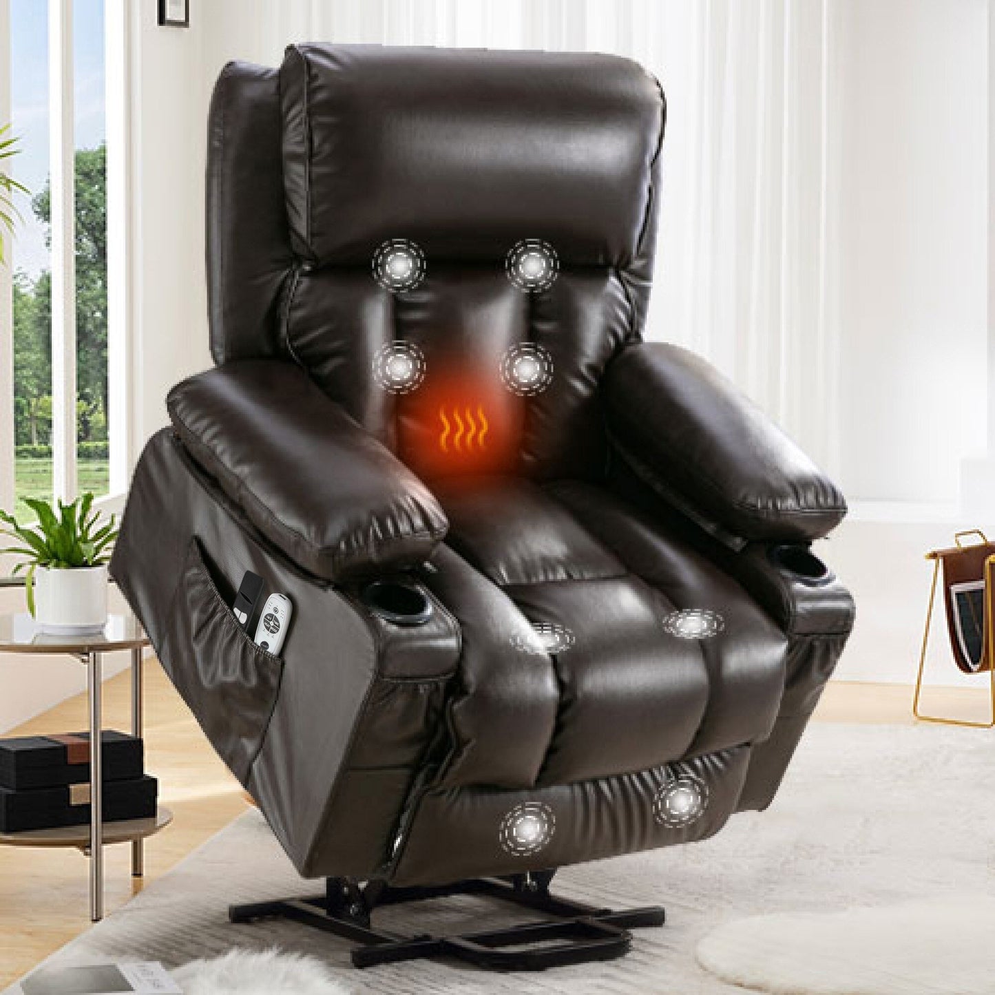 Fauteuil de massage électrique releveur pour personnes âgées, chauffant et vibrant, cuir polaire et port USB.