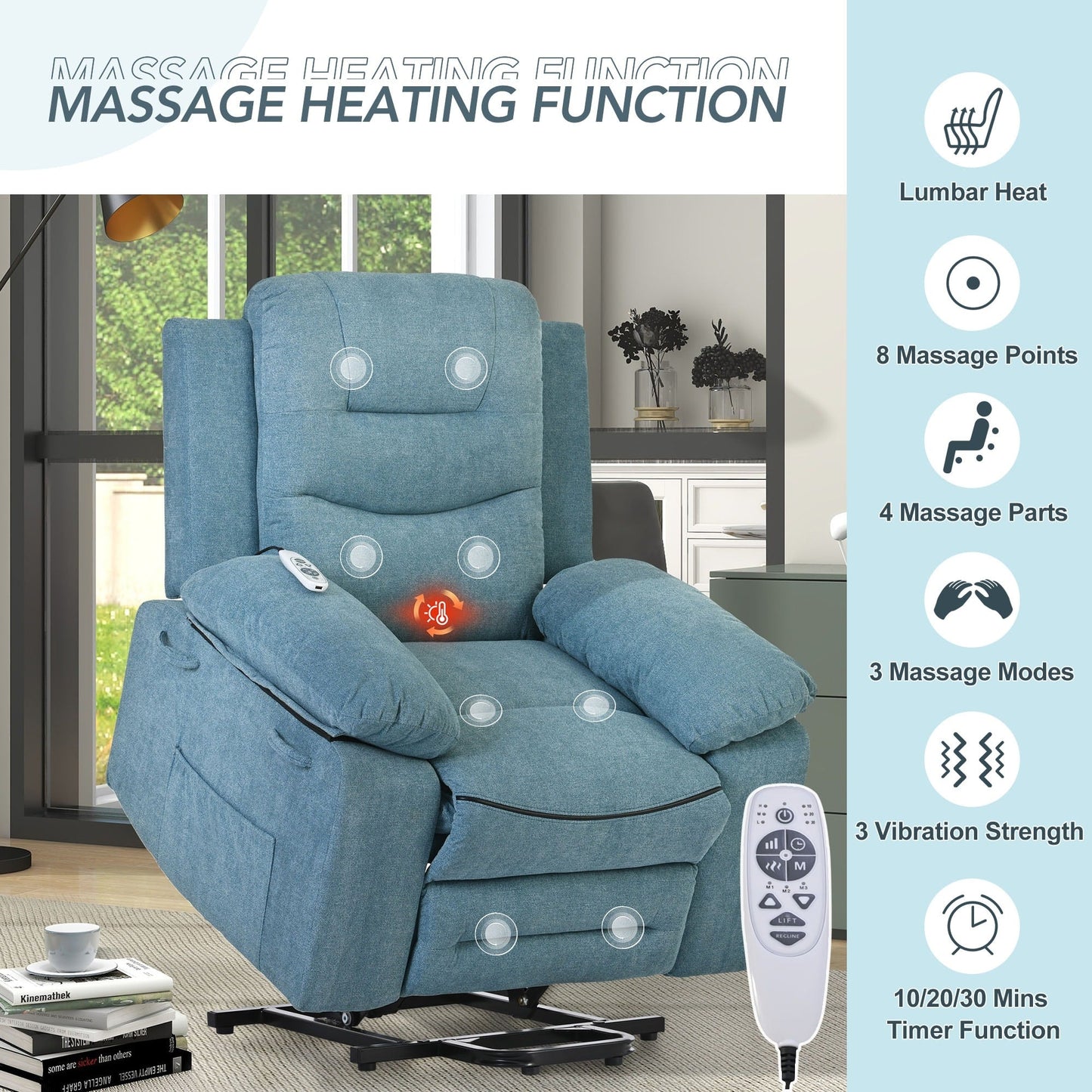 Fauteuil releveur électrique avec fonction de massage et de chauffage réglable