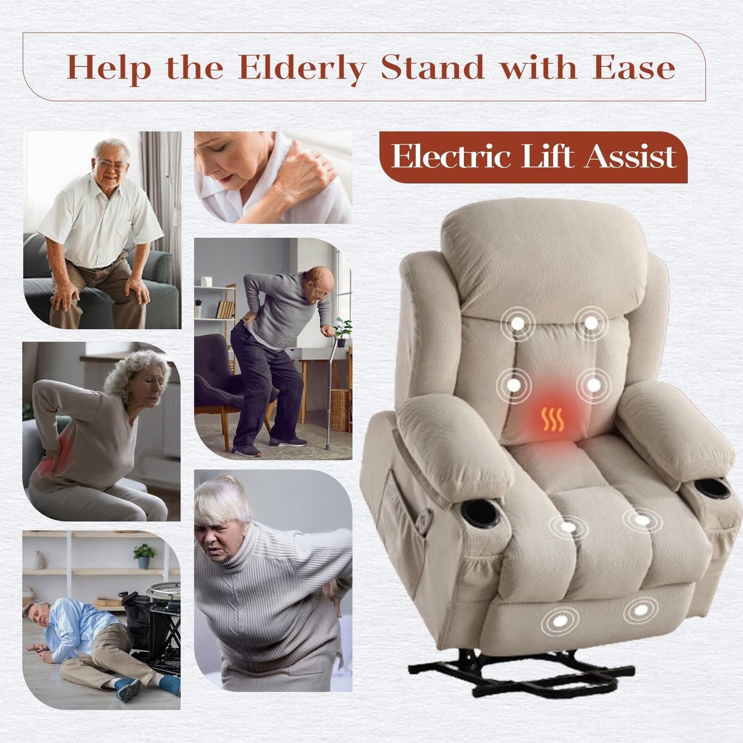 Fauteuils releveurs électriques, fauteuils inclinables, massage thermique, port USB, télécommande