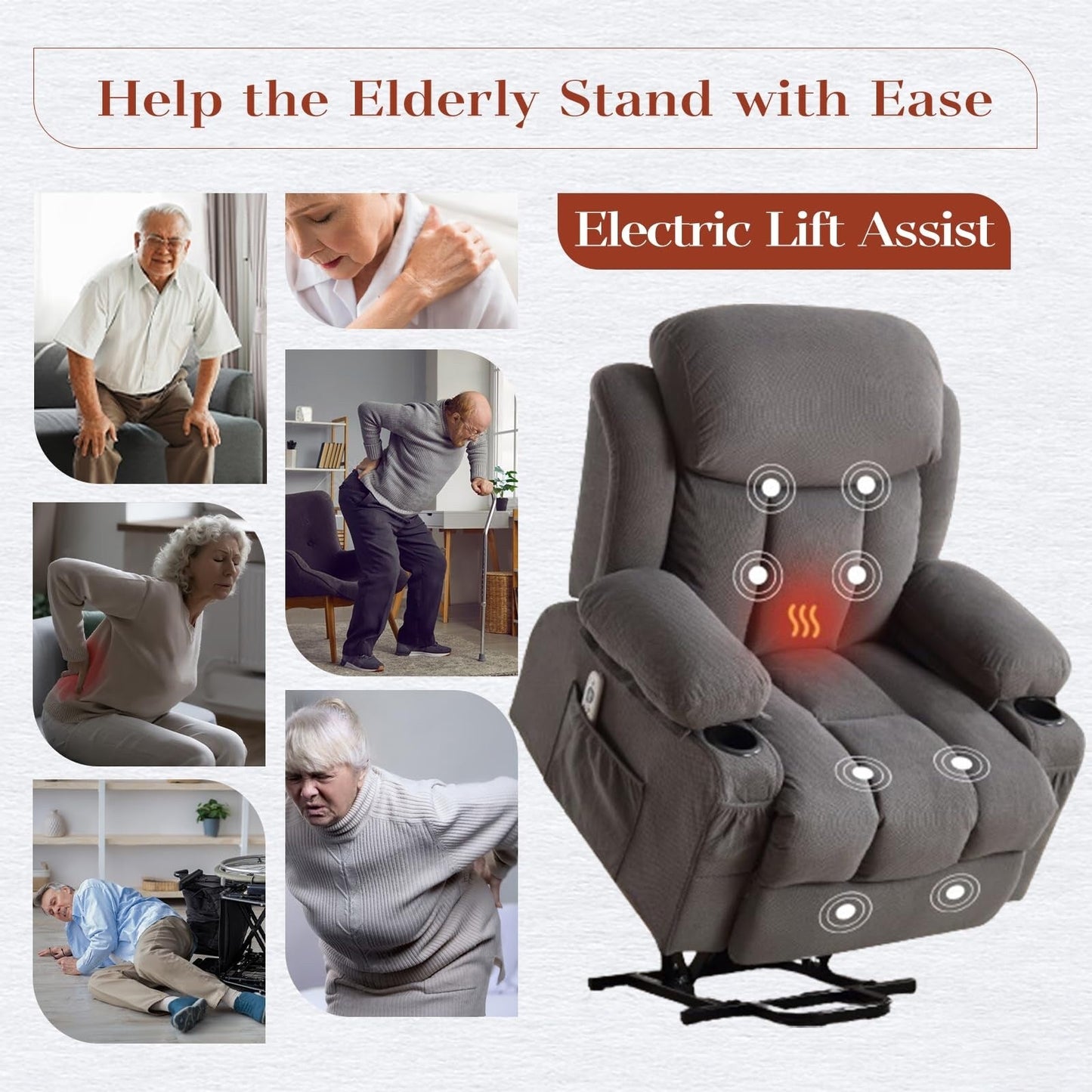 Fauteuils releveurs électriques, fauteuils inclinables, massage thermique, port USB, télécommande