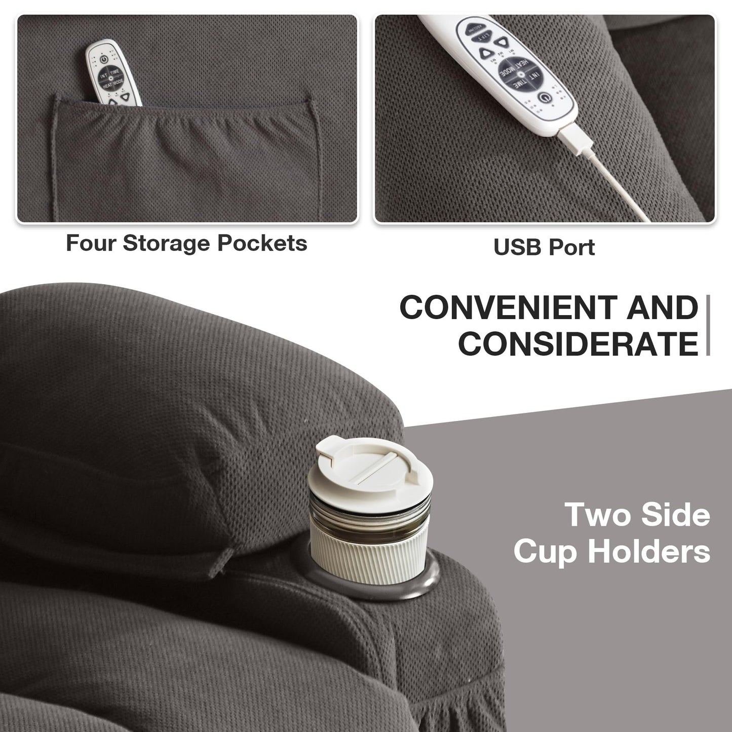 Fauteuils releveurs électriques, fauteuils inclinables, massage thermique, port USB, télécommande