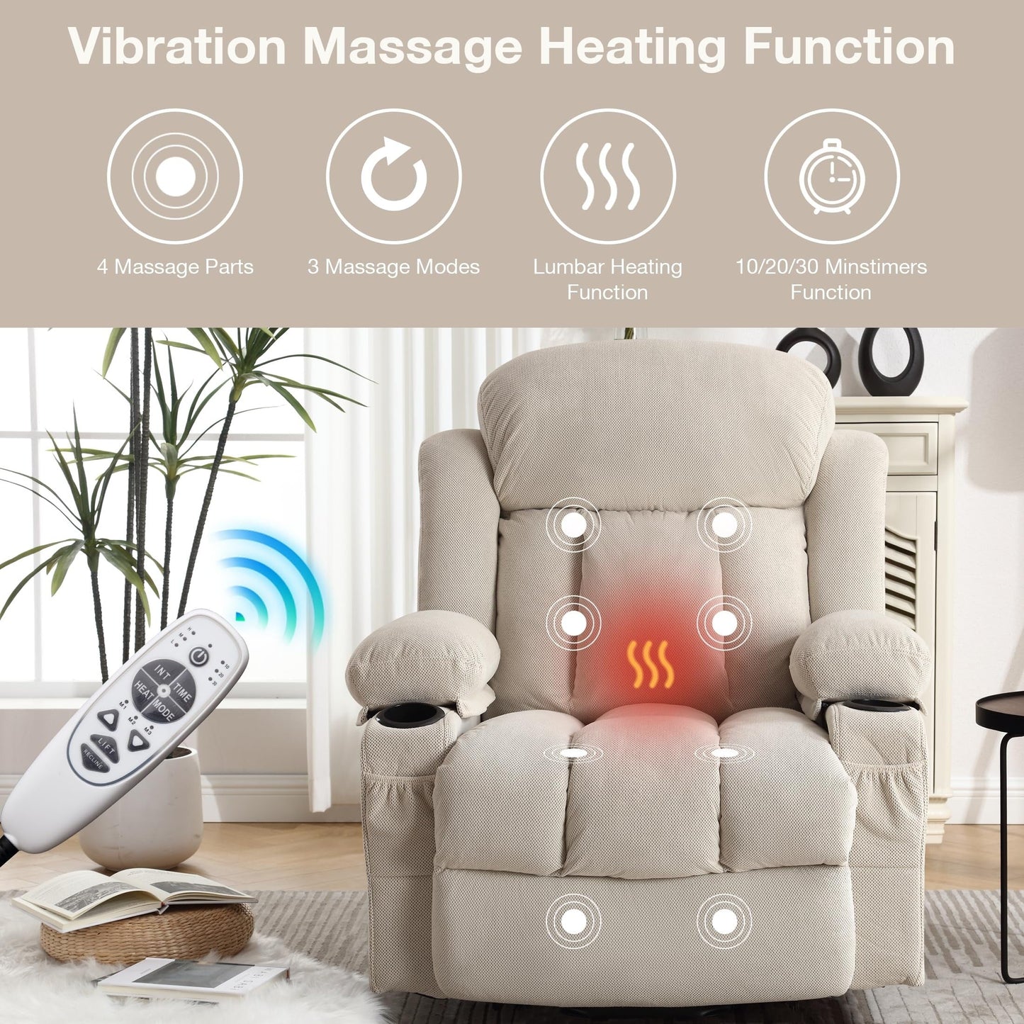 Fauteuils releveurs électriques, fauteuils inclinables, massage thermique, port USB, télécommande