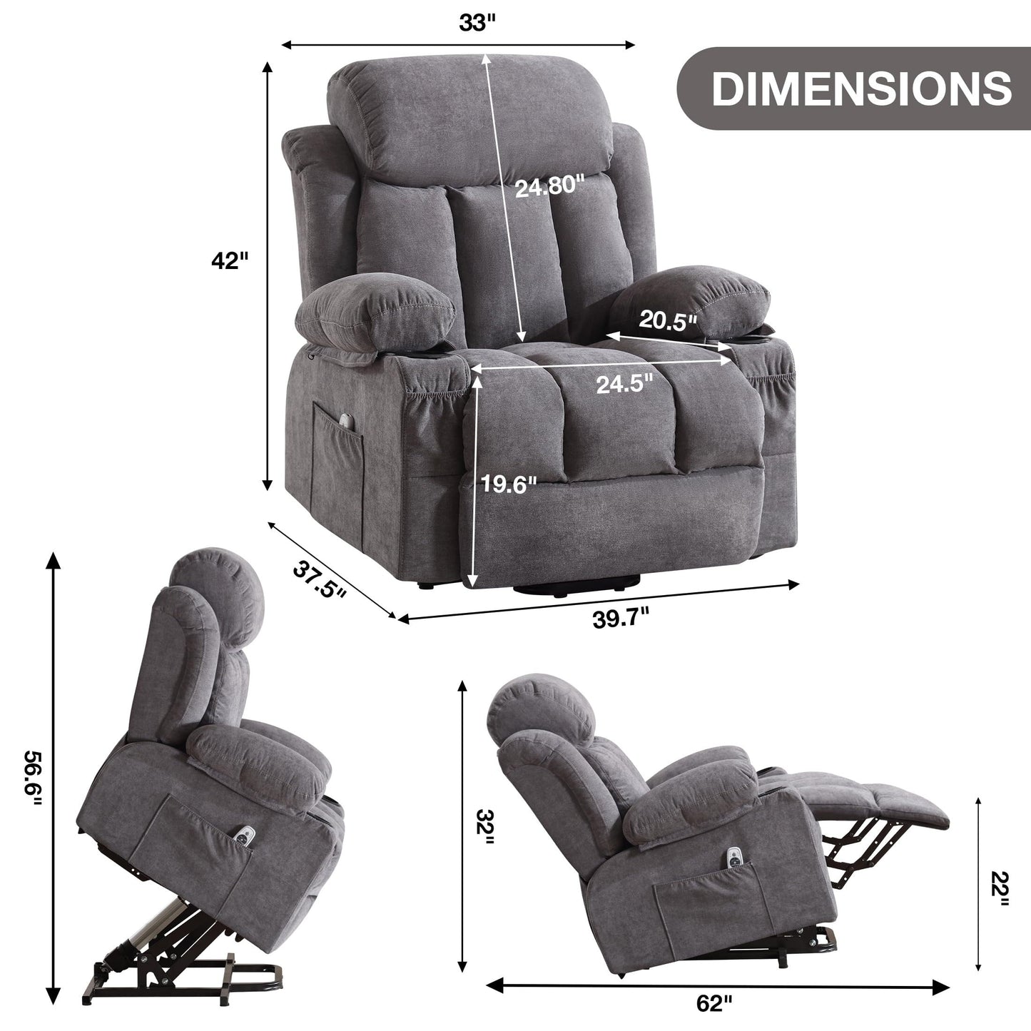 Fauteuils releveurs électriques, fauteuils inclinables, massage thermique, port USB, télécommande