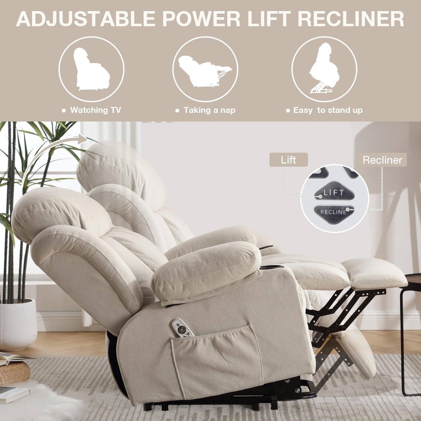 Fauteuils releveurs électriques, fauteuils inclinables, massage thermique, port USB, télécommande