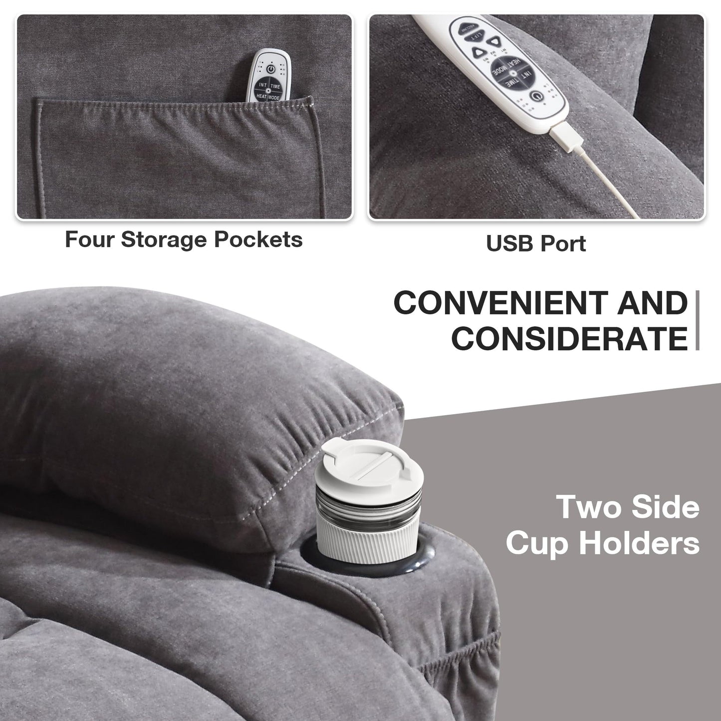 Fauteuils releveurs électriques, fauteuils inclinables, massage thermique, port USB, télécommande