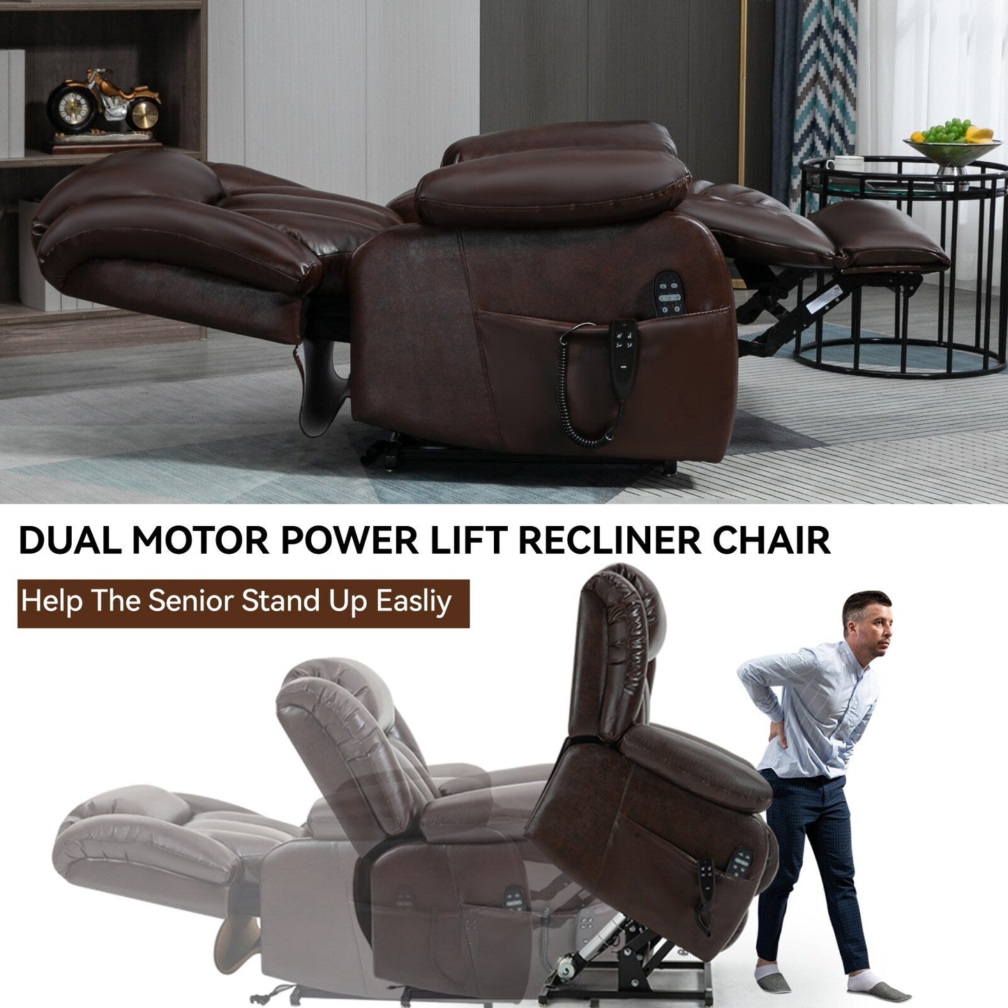 Fauteuil inclinable Power Lift en similicuir avec double moteur, massage et chauffage lombaire