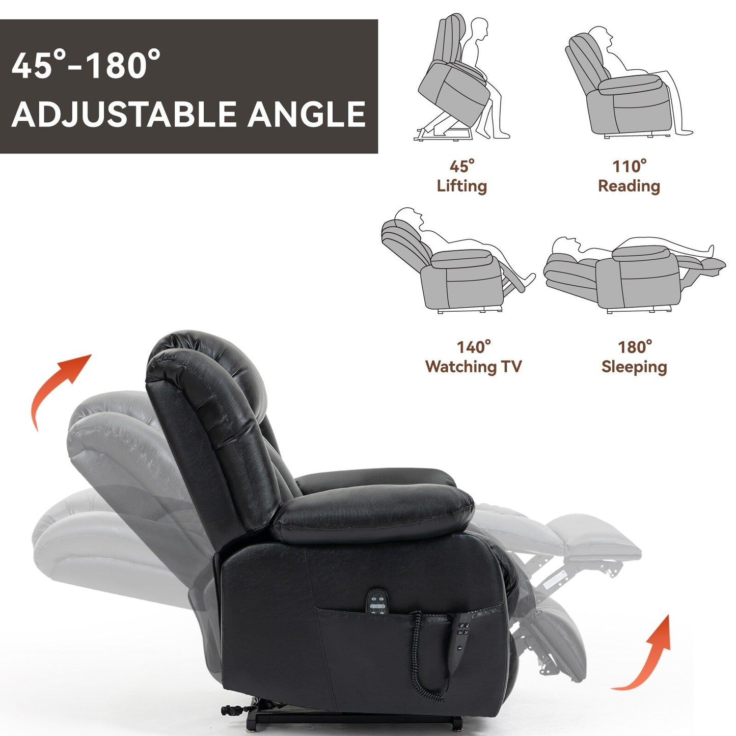 Fauteuil inclinable Power Lift en similicuir avec double moteur, massage et chauffage lombaire