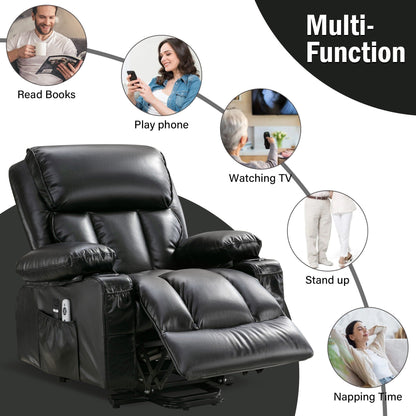 Fauteuil inclinable en similicuir avec relevage électrique, massage, chauffage, port USB et deux poches de rangement