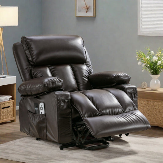 Fauteuil inclinable en similicuir avec relevage électrique, massage, chauffage, port USB et deux poches de rangement