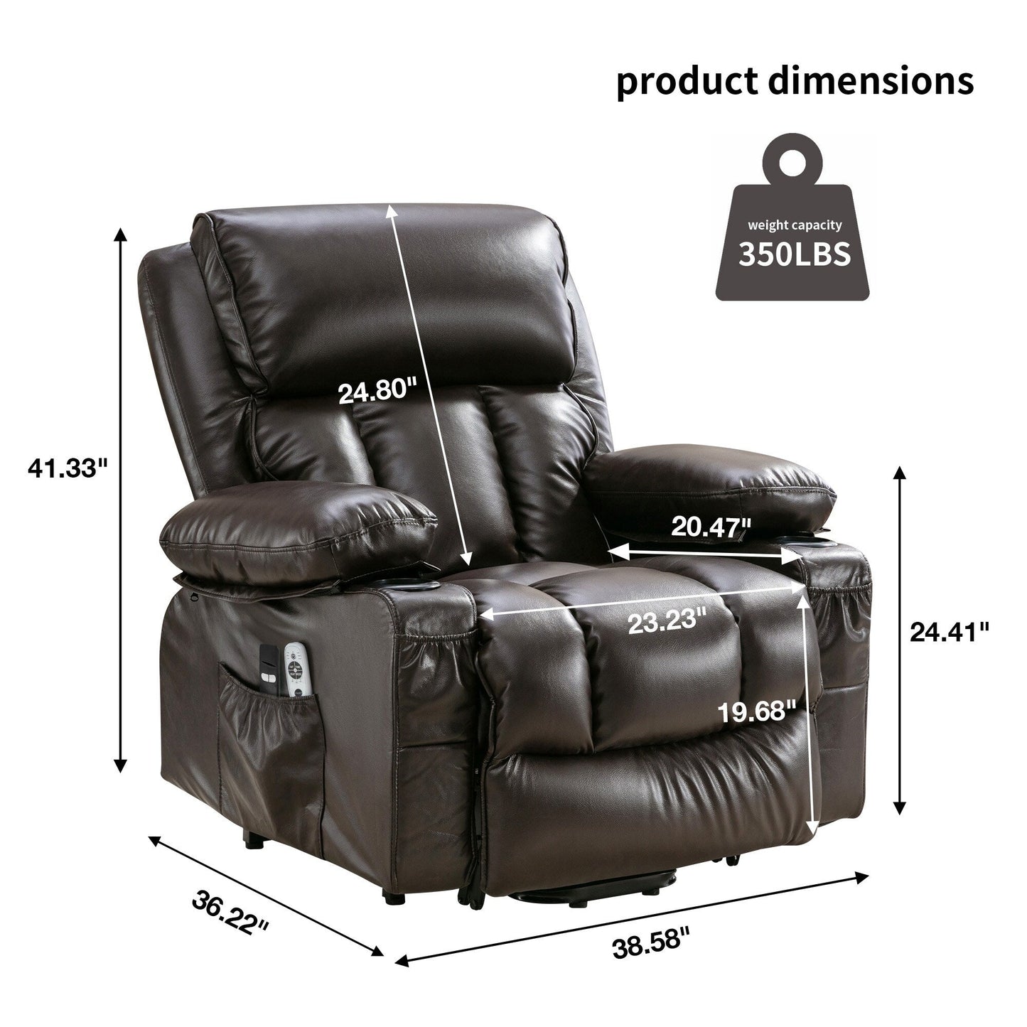 Fauteuil inclinable en similicuir avec relevage électrique, massage, chauffage, port USB et deux poches de rangement