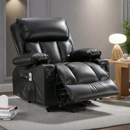 Fauteuil inclinable en similicuir avec relevage électrique, massage, chauffage, port USB et deux poches de rangement