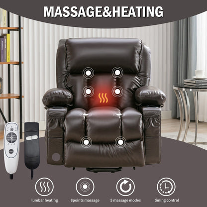 Fauteuil inclinable en similicuir avec relevage électrique, massage, chauffage, port USB et deux poches de rangement
