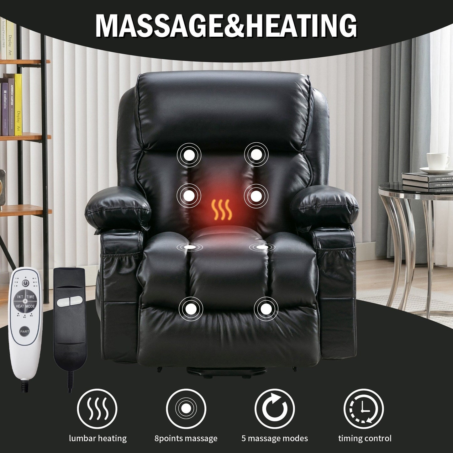 Fauteuil inclinable en similicuir avec relevage électrique, massage, chauffage et port USB