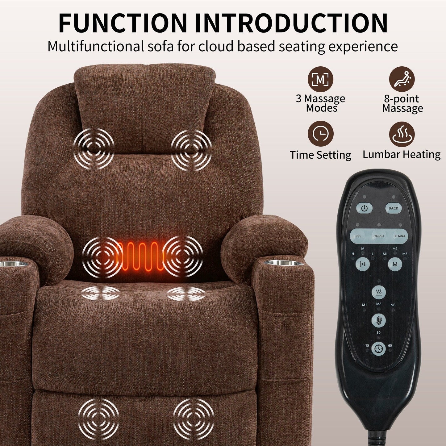 Fauteuil inclinable robuste Power Lift avec massage par vibrations à 8 points, chauffage lombaire et ports USB et Type-C